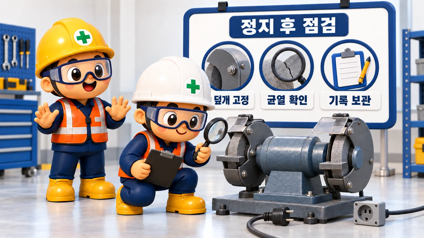 정지하고 전원을 분리한 연삭기에서 덮개 고정과 숫돌 상태를 점검하는 장면