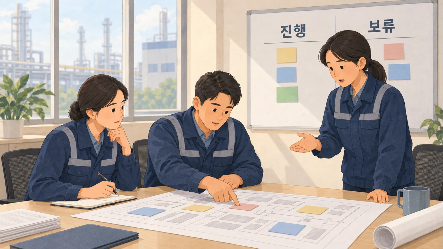 작업자의 설명을 듣고 진행과 보류 범위를 함께 정하는 생산·정비 담당자