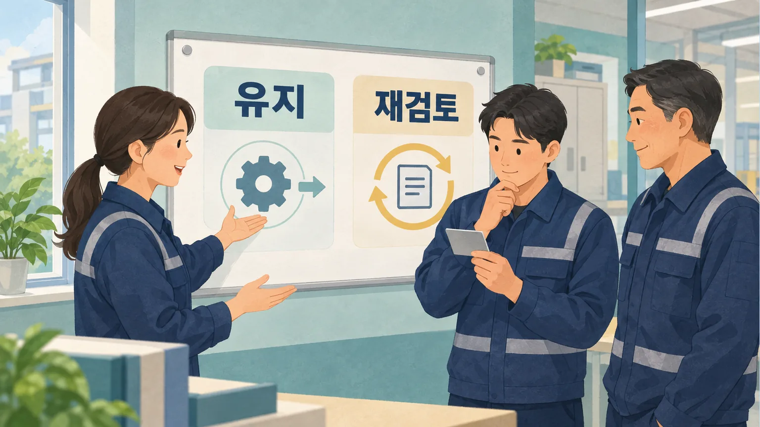 생산 품질 정비 담당자가 유지와 재검토 조건을 공동으로 판단하는 장면