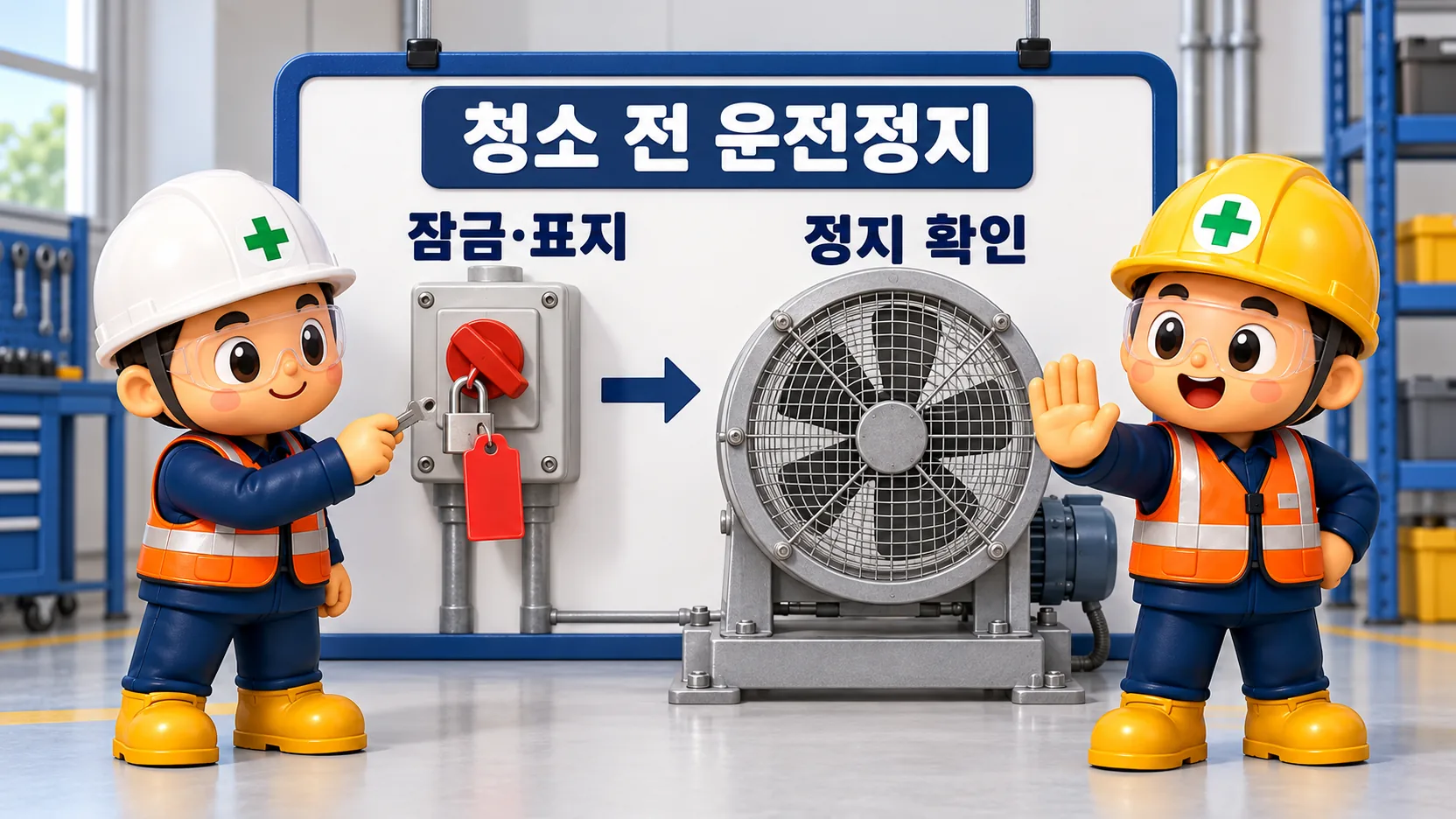 선풍기 청소 전에 운전을 정지하고 잠금·표지 등으로 재기동을 방지하는 장면