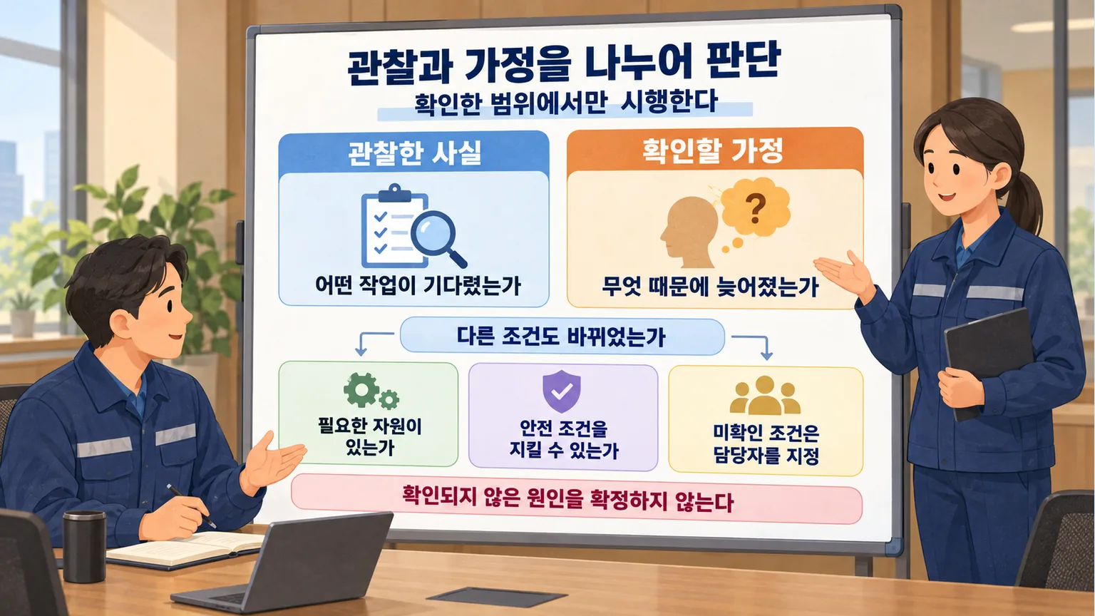 공동회의에서 관찰 사실과 확인할 가정을 나누고 자원 및 안전 조건으로 시행 범위를 판단하는 장면