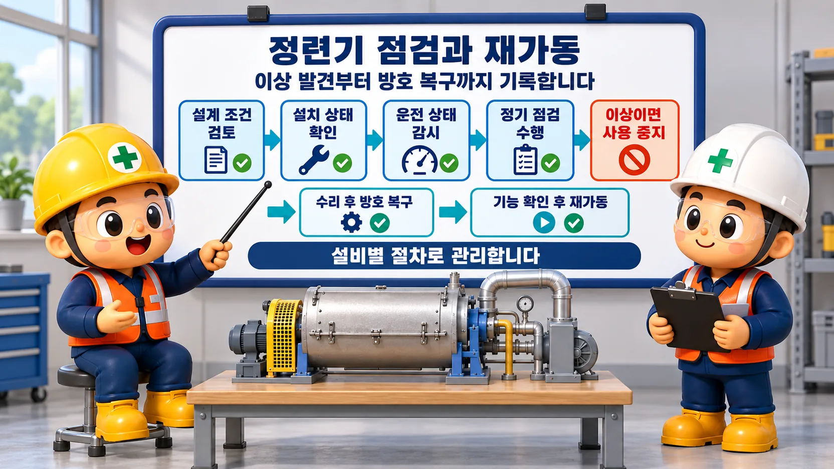정련기 운영모델: 설계 검토부터 이상 시 사용 중지, 방호 복구와 기능 확인까지 관리합니다.