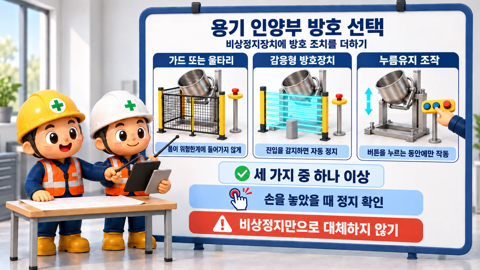 용기 인양부에서 비상정지장치와 함께 검토하는 가드, 감응형 방호장치, 누름유지 조작