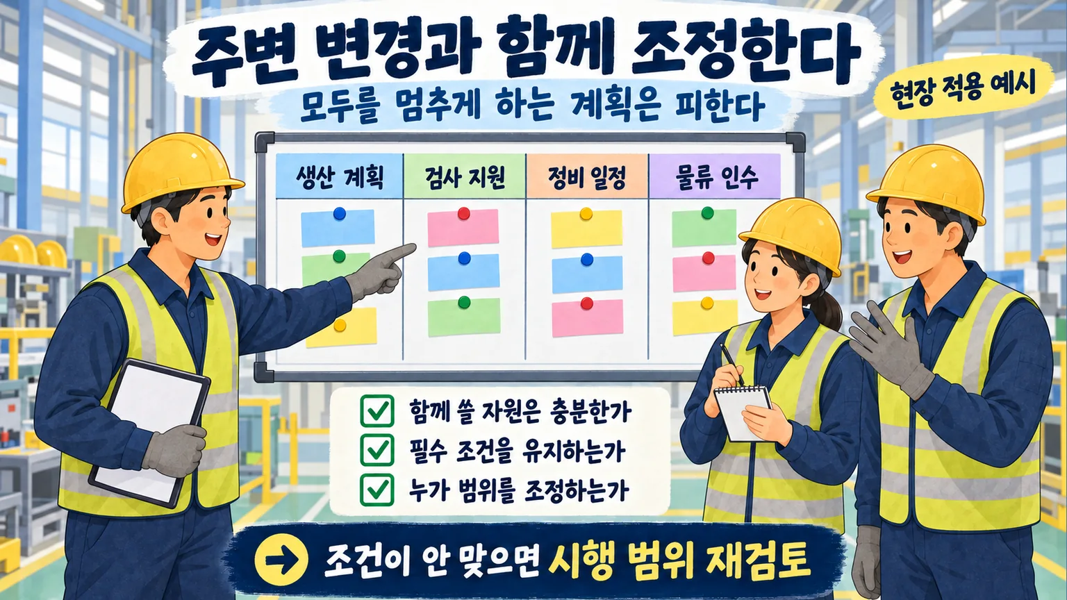 생산 검사 정비 물류 담당자가 공용 자원과 필수 조건을 기준으로 동시 변경을 조정하는 장면
