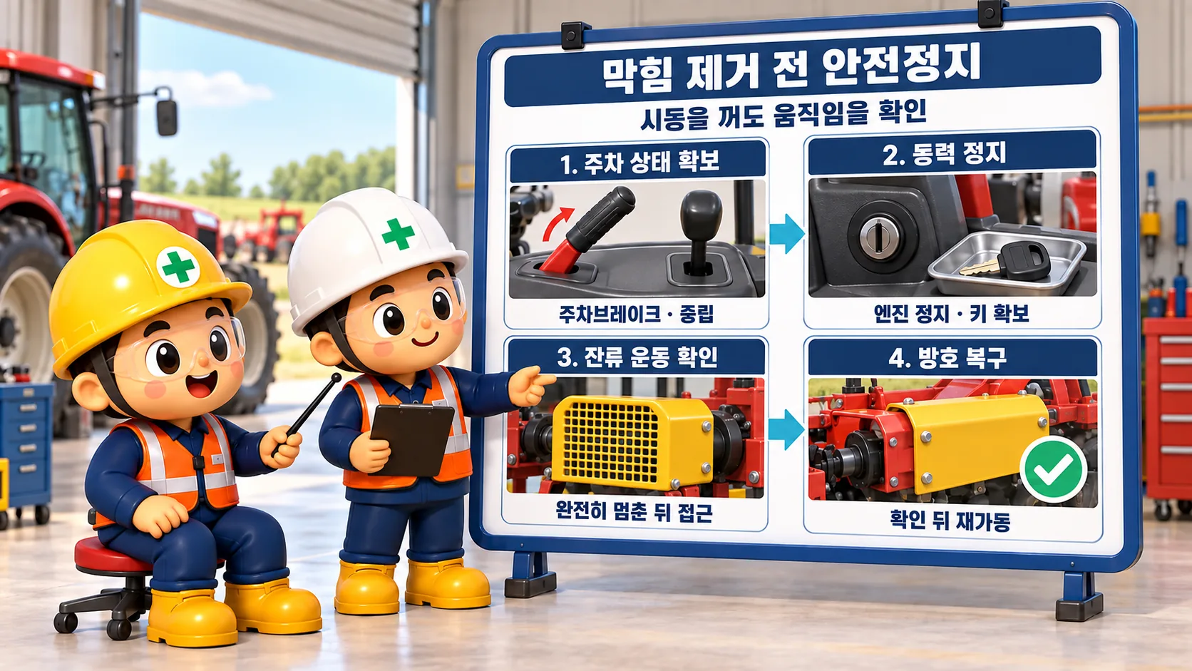 농업용기계 막힘 제거 전 정지와 재가동 방지