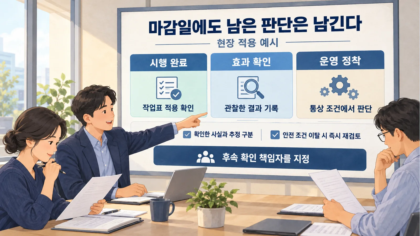 회의에서 시행 완료와 효과 확인, 운영 정착을 구분해 판단하는 장면