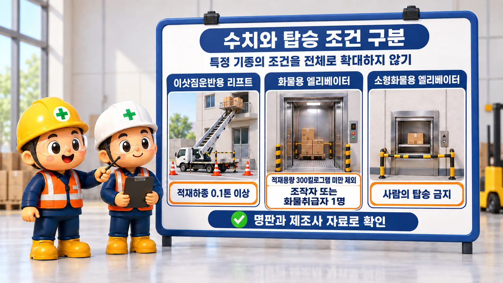 양중기 수치 조건은 해당 기종에만 적용합니다. 소형화물용 엘리베이터의 일반 운반 작업에서는 사람을 태우지 않습니다.