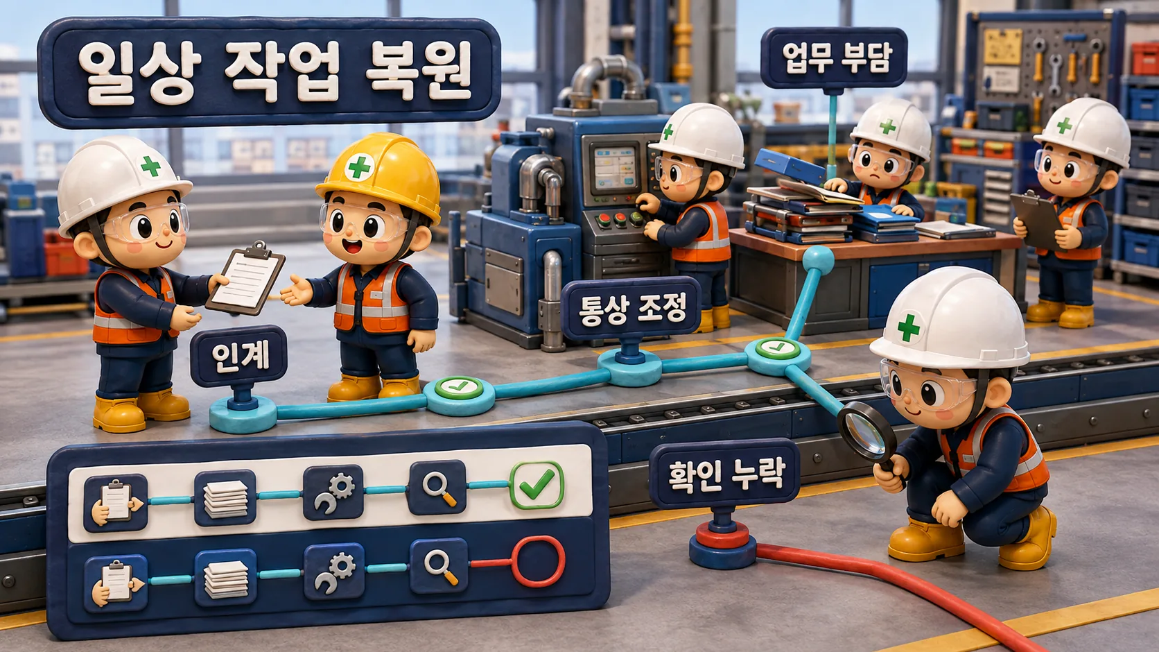 제조 정비 물류의 현장 적용 예시에서 실제 작업과 인계 조건을 비교하는 모습