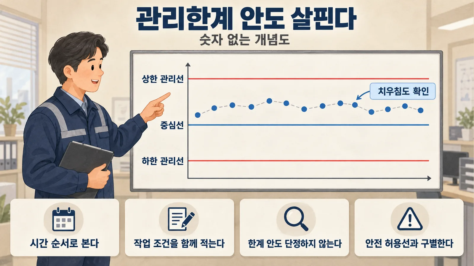 관리한계 안의 치우침과 작업 조건을 함께 살피는 숫자 없는 관리도 개념도