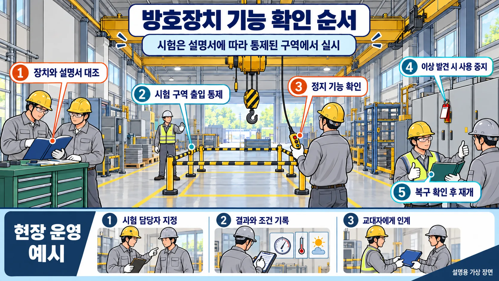 기능 확인은 설명서와 통제된 시험 조건을 전제로 진행합니다. 그림의 순서는 권장 운영 예시이며 설비별 시험절차를 대신하지 않습니다.