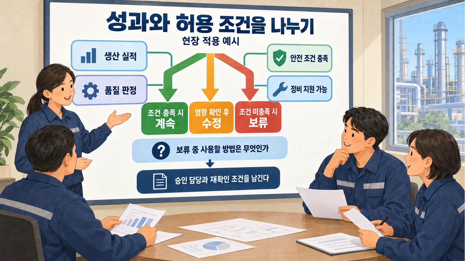 생산 실적과 안전·품질 조건을 구별하고 계속·수정·보류를 결정하는 공동 회의 예시