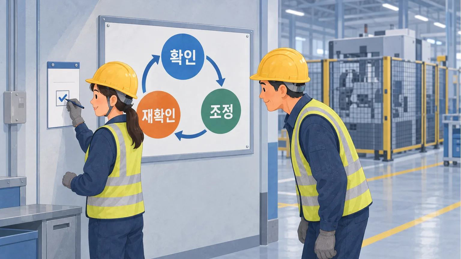 확인과 조정 뒤 재확인할 조건을 다음 교대에 인계하는 작업자