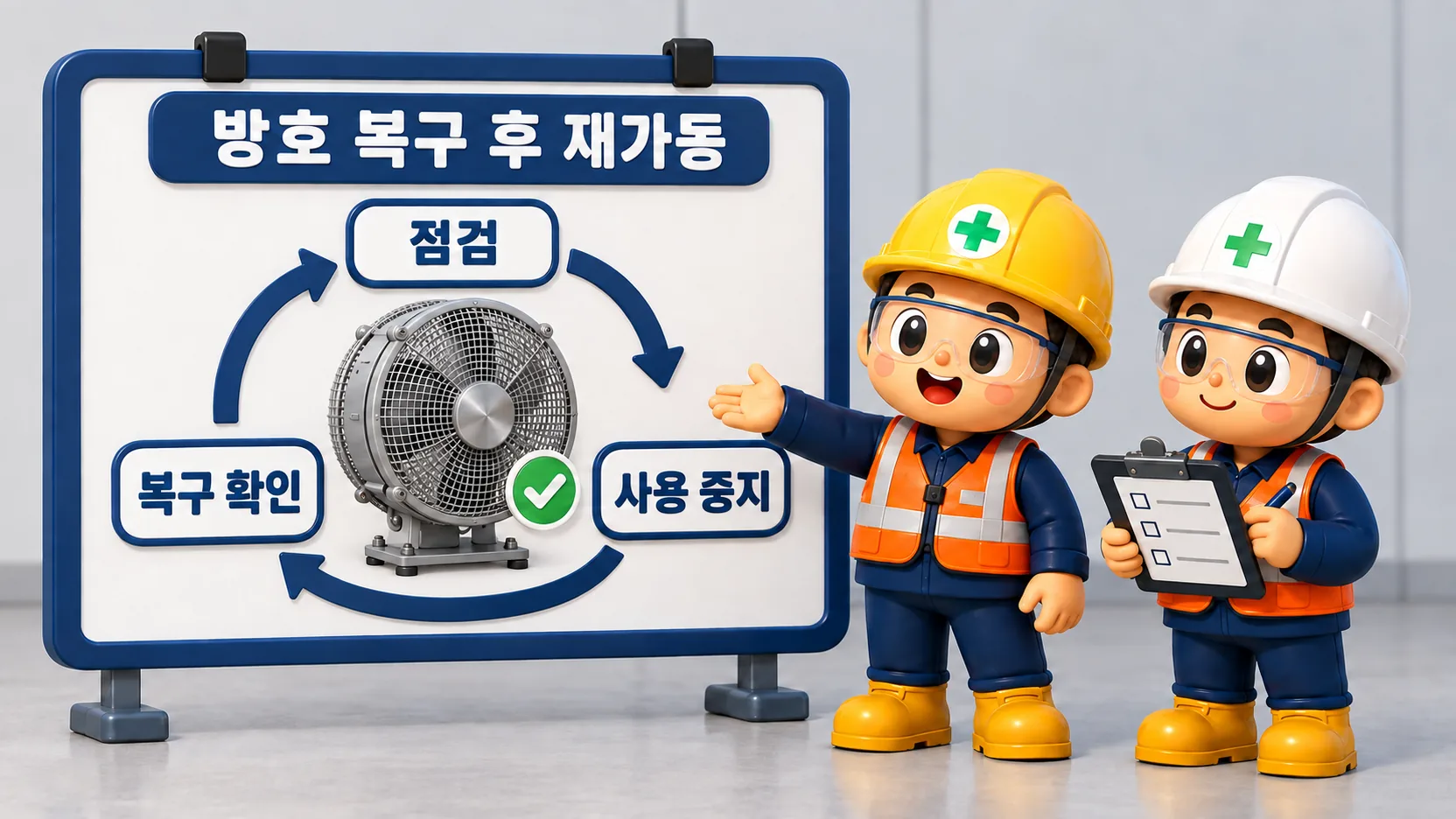 선풍기 방호 결함 발견부터 사용 중지와 복구 확인까지 이어지는 운영 흐름