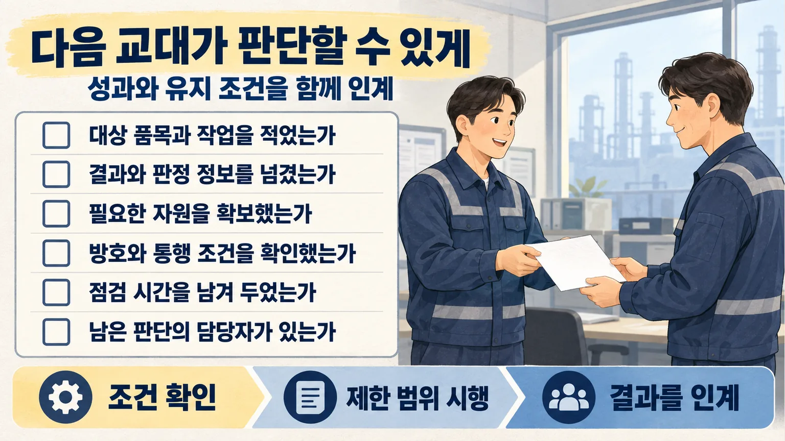 대상 작업 판정 정보 자원 방호 점검 시간과 남은 판단을 다음 교대에 인계하는 점검 항목
