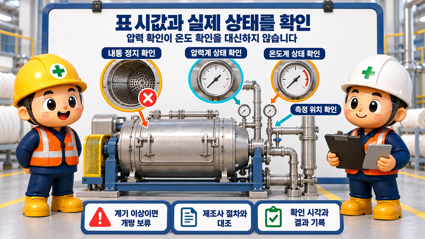 정련기 계기 점검: 내통 정지, 압력계·온도계 상태, 측정 위치와 확인 기록을 대조합니다.