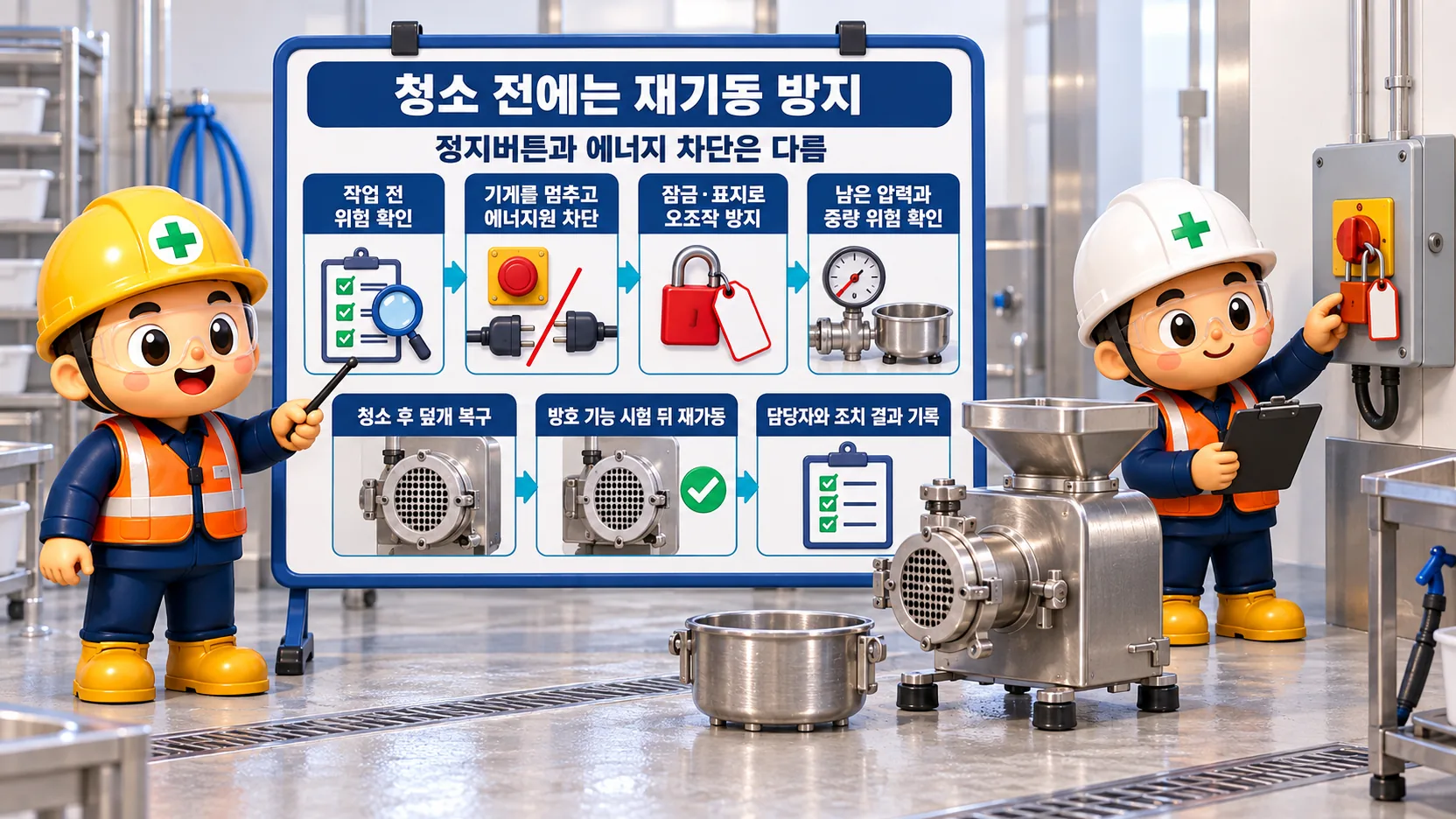 식품기계 청소 전 에너지 차단과 재기동 방지, 덮개 복구 및 방호 기능 시험 절차