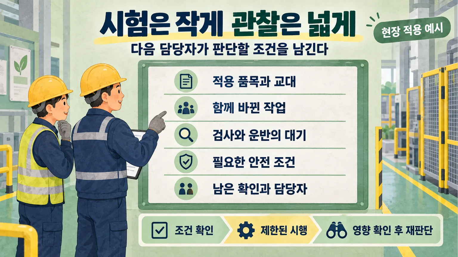 적용 품목과 교대 함께 바뀐 작업 및 안전 조건을 인계하는 범위 점검표