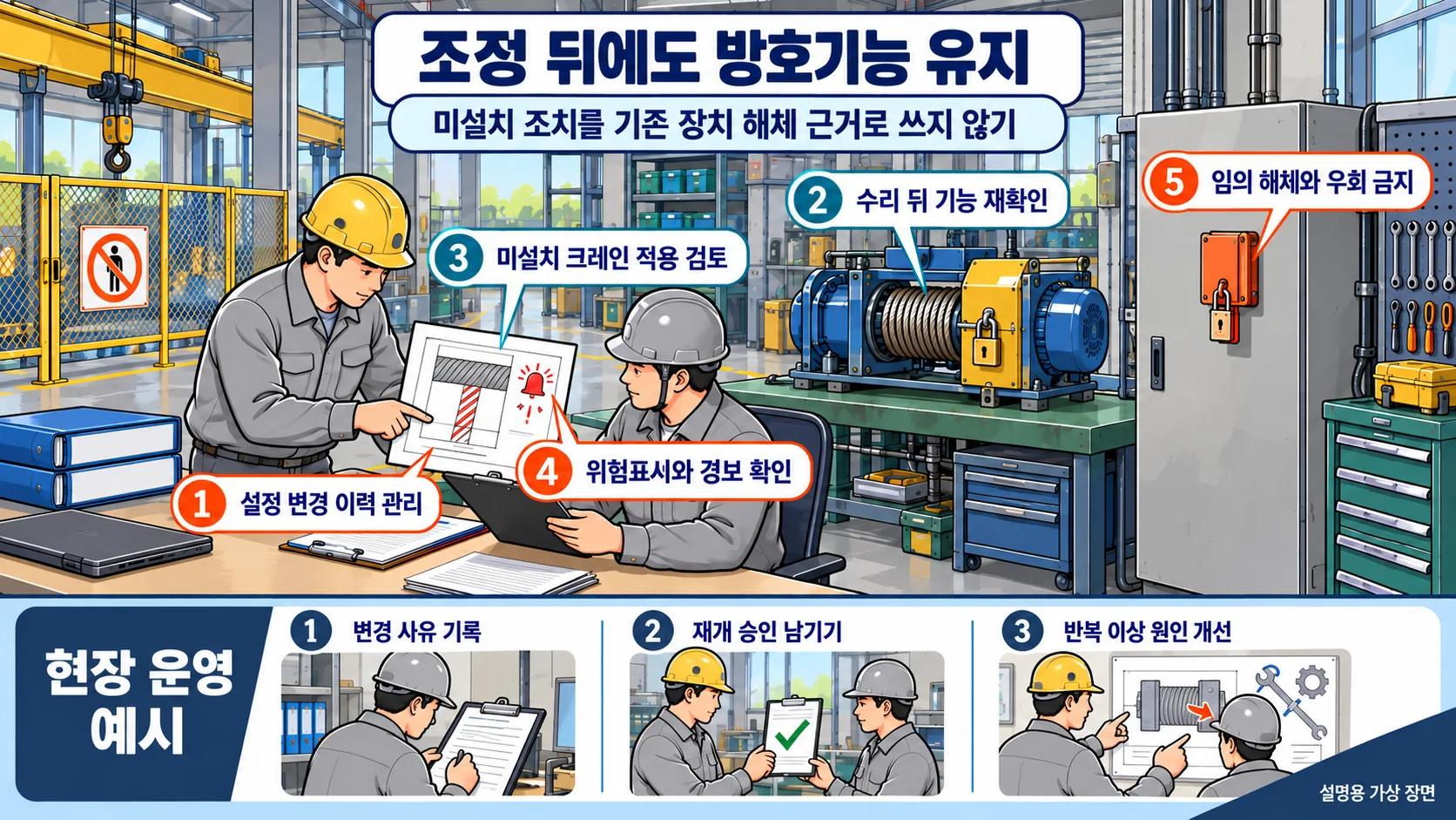 설정 변경과 수리 이력을 남기고 방호기능을 복구합니다. 미설치 크레인 조치는 기존 방호장치의 임의 해체·우회를 허용하는 근거가 아닙니다.