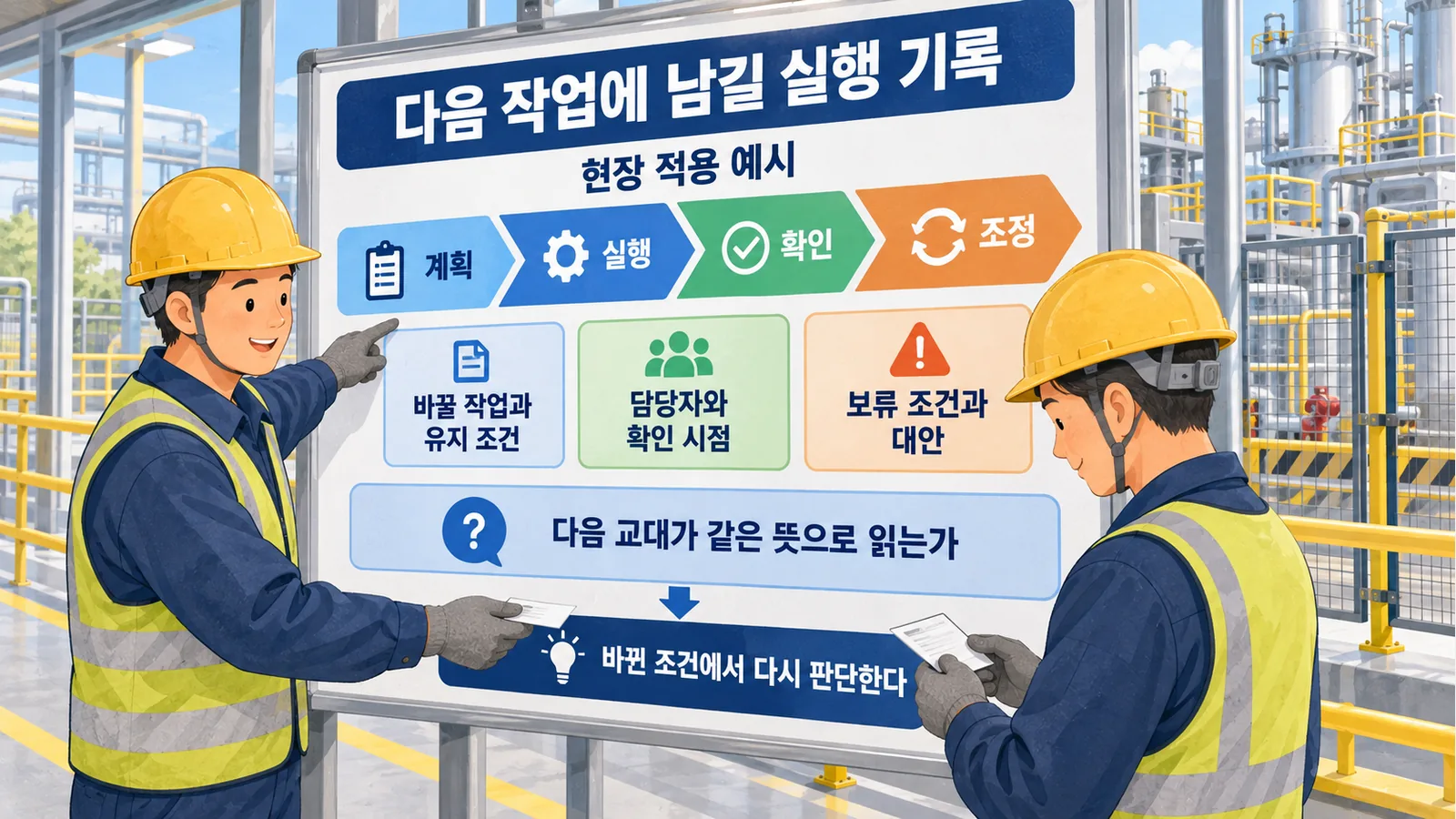 계획·실행·확인·조정을 교대 인계와 연결하고 유지 조건과 보류 대안을 남기는 실행 기록 예시