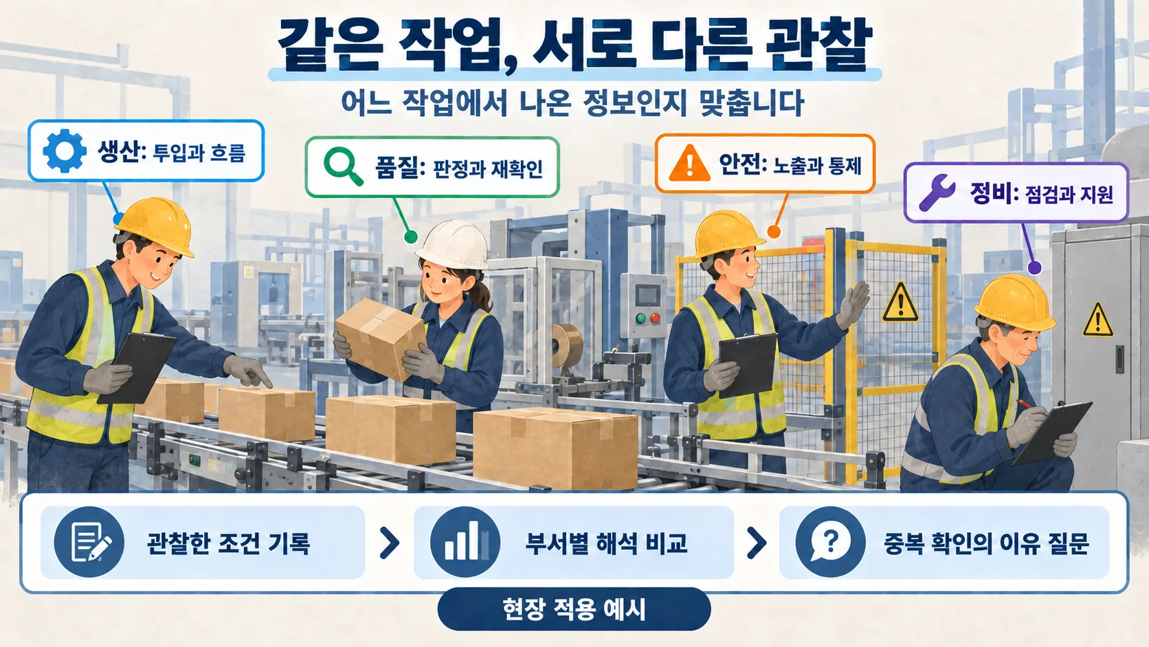 같은 포장 작업을 생산·품질·안전·정비 관점에서 관찰하는 담당자들