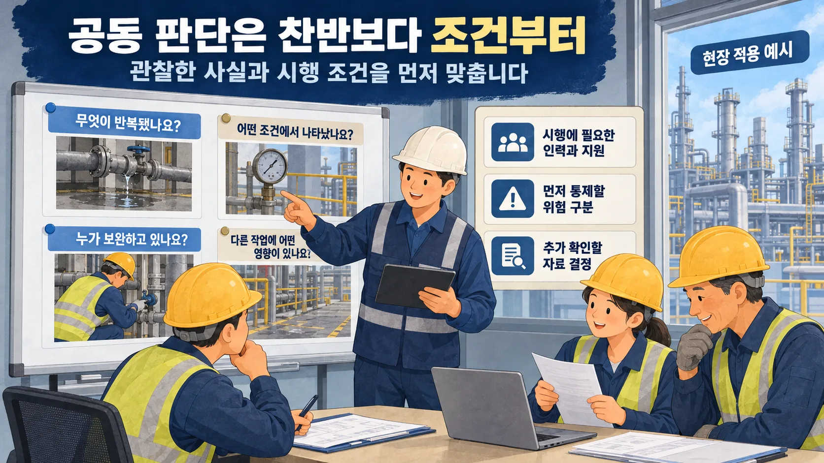 현장 관찰과 시행 조건을 비교하며 공동 판단을 하는 부서 담당자들