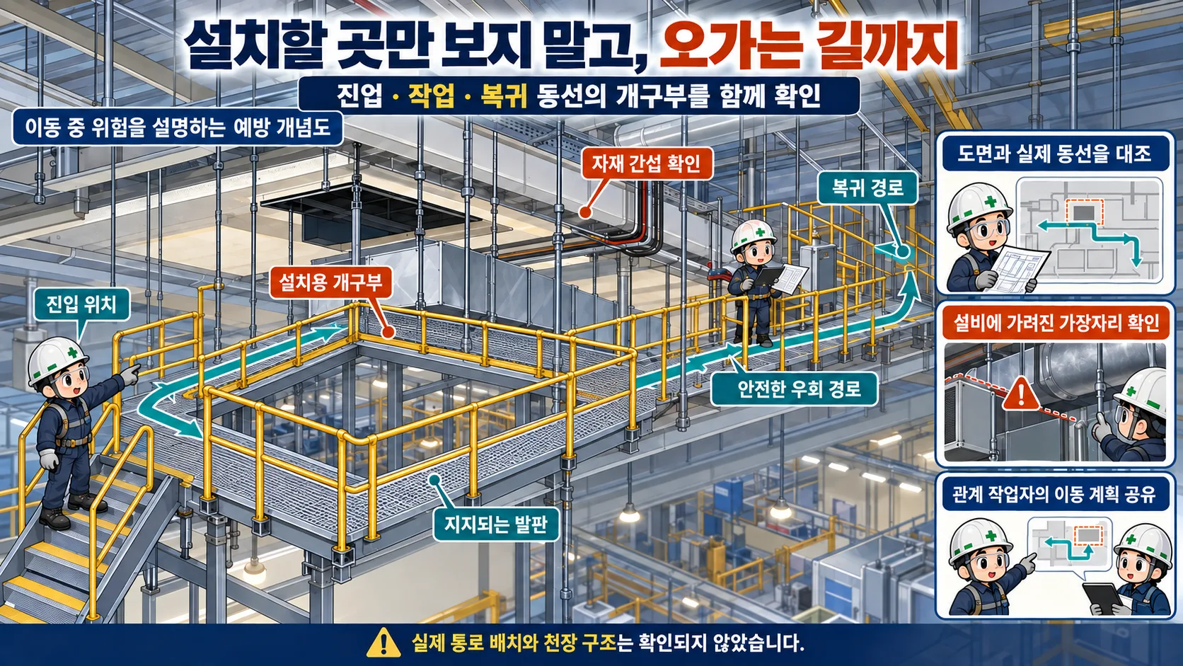 공조설비 설치 준비와 천장 이동 경로의 개구부 위험을 설명하는 교육 그림
