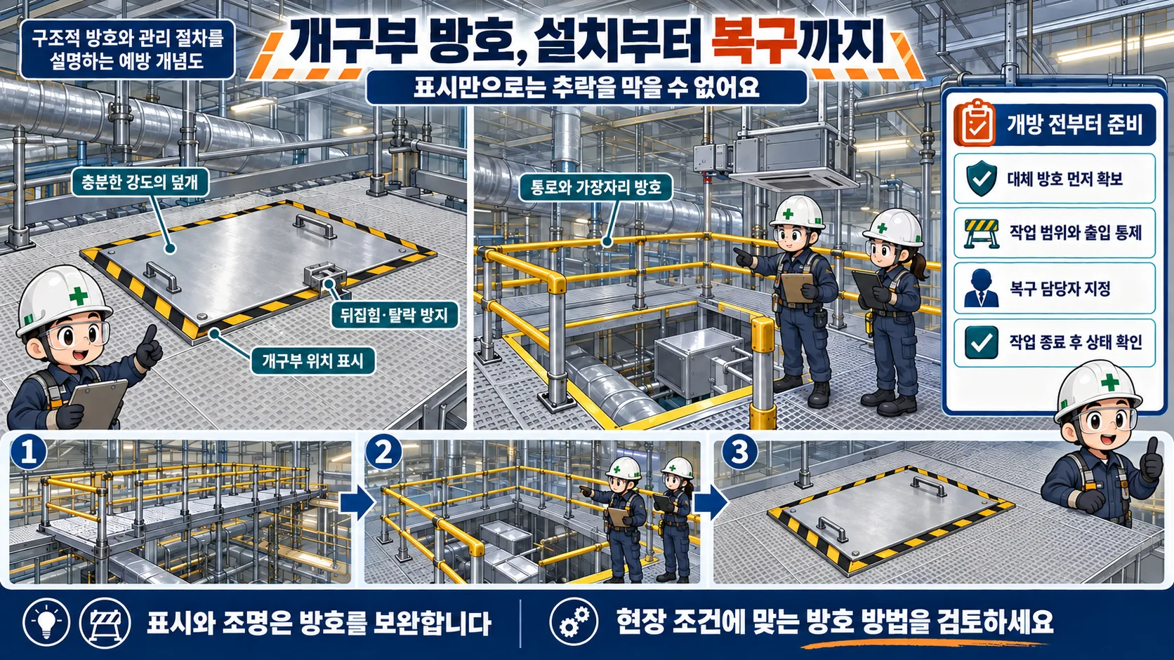 고정된 덮개와 난간 및 안전한 이동 경로를 갖춘 개구부 예방 대책