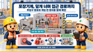 제128조(포장기계의 덮개 등): 포장기계 위험부에 접근하지 못하도록 덮개를 설치하고 정지 후 확인합니다.