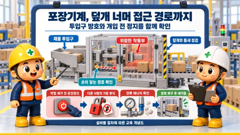 제128조(포장기계의 덮개 등): 포장기계 위험부에 접근하지 못하도록 덮개를 설치하고 정지 후 확인합니다.