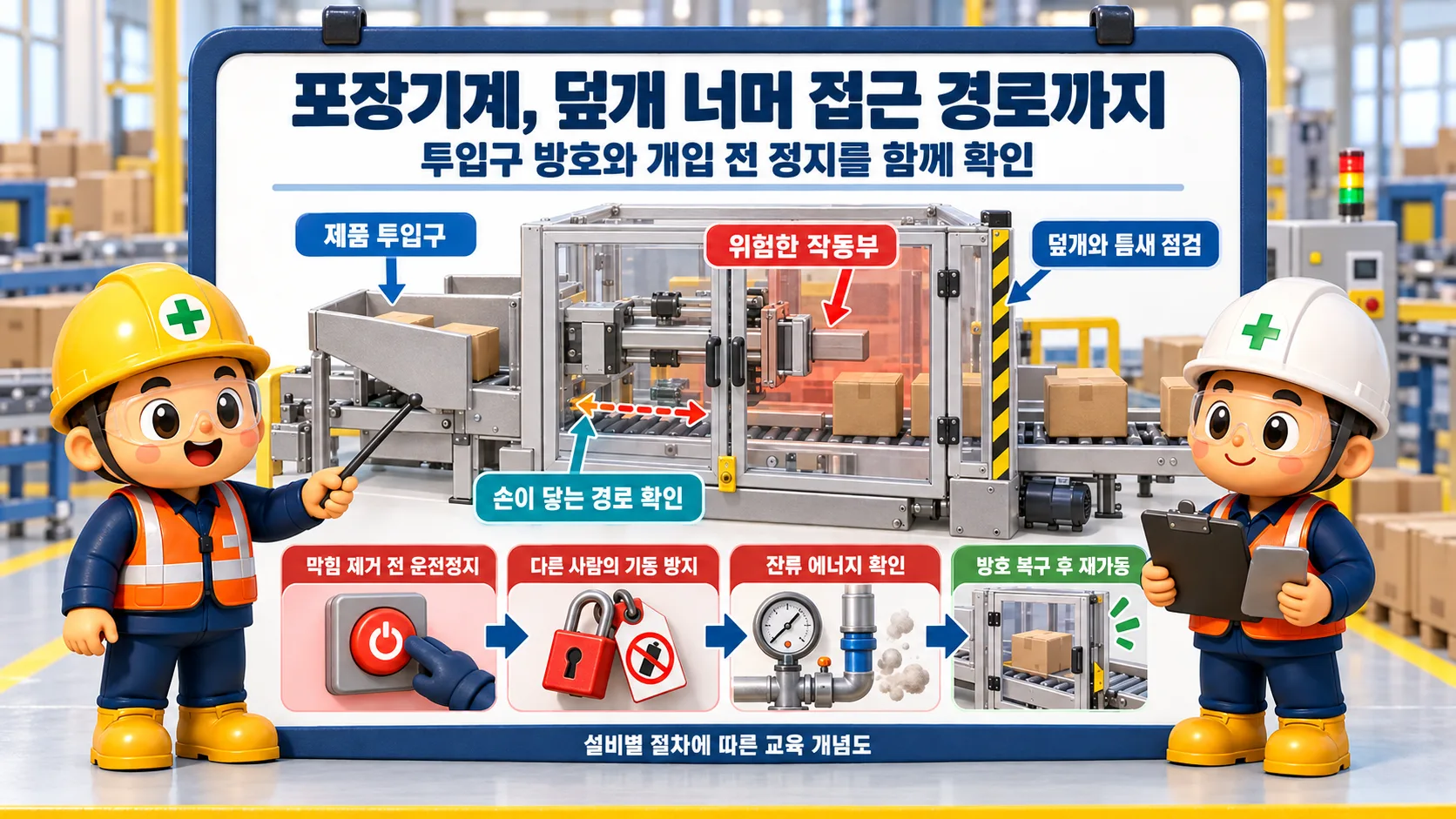 제128조(포장기계의 덮개 등): 포장기계 위험부에 접근하지 못하도록 덮개를 설치하고 정지 후 확인합니다.