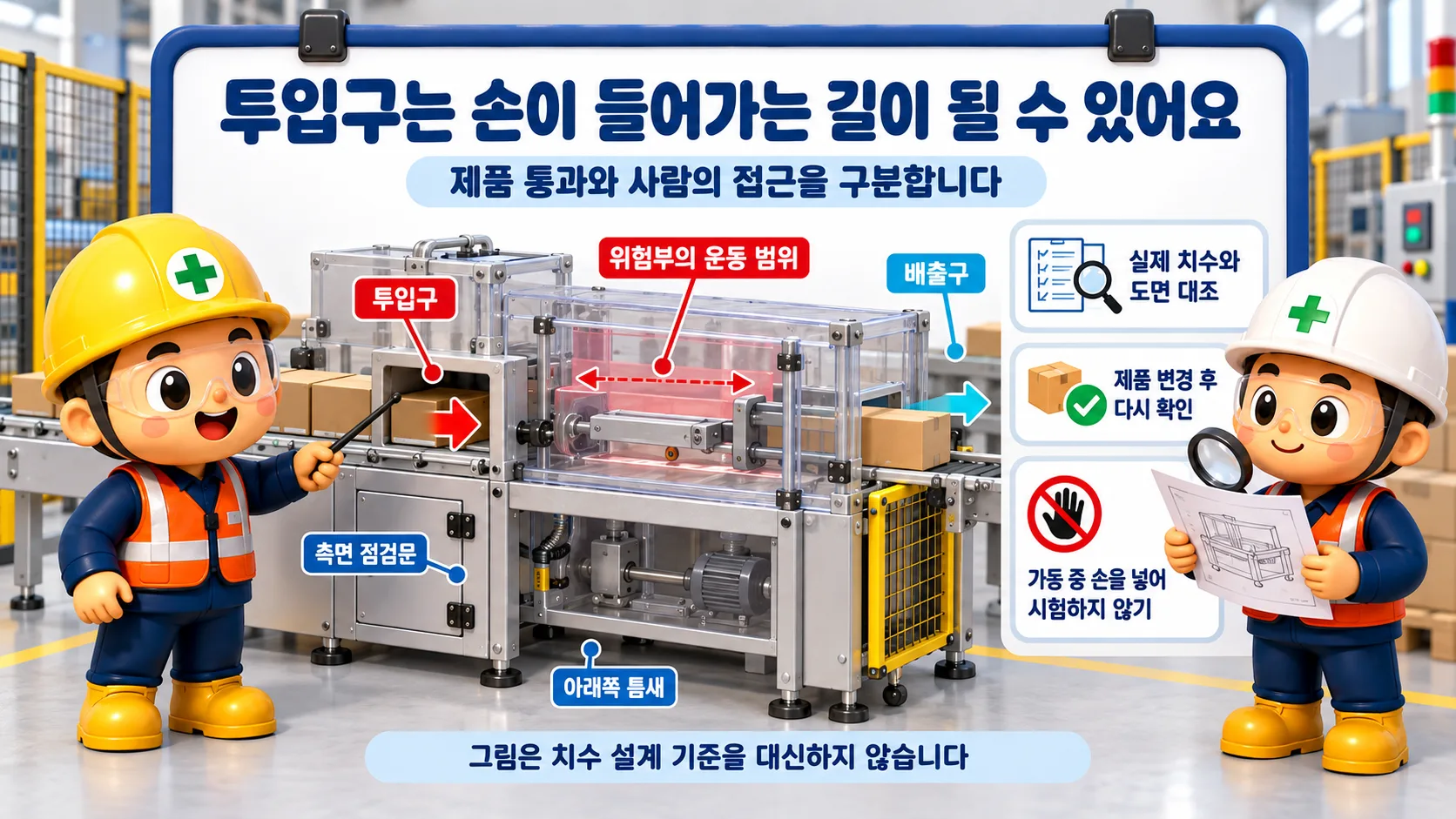 포장기계 투입구에서 작동부까지 이어지는 접근 경로와 방호 터널을 점검하는 장면
