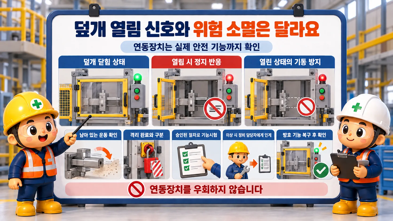포장기계 덮개의 닫힘 상태와 열림 시 정지 기능을 확인하는 연동장치 점검