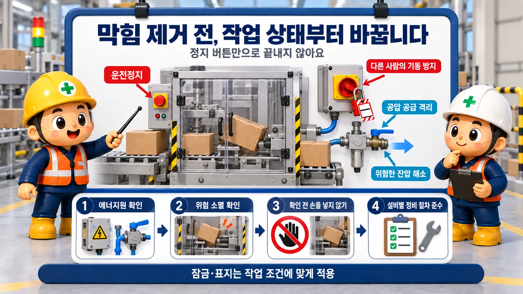 포장기계 막힘 제거 전 운전정지와 잠금, 공압 잔압 해소를 준비하는 장면