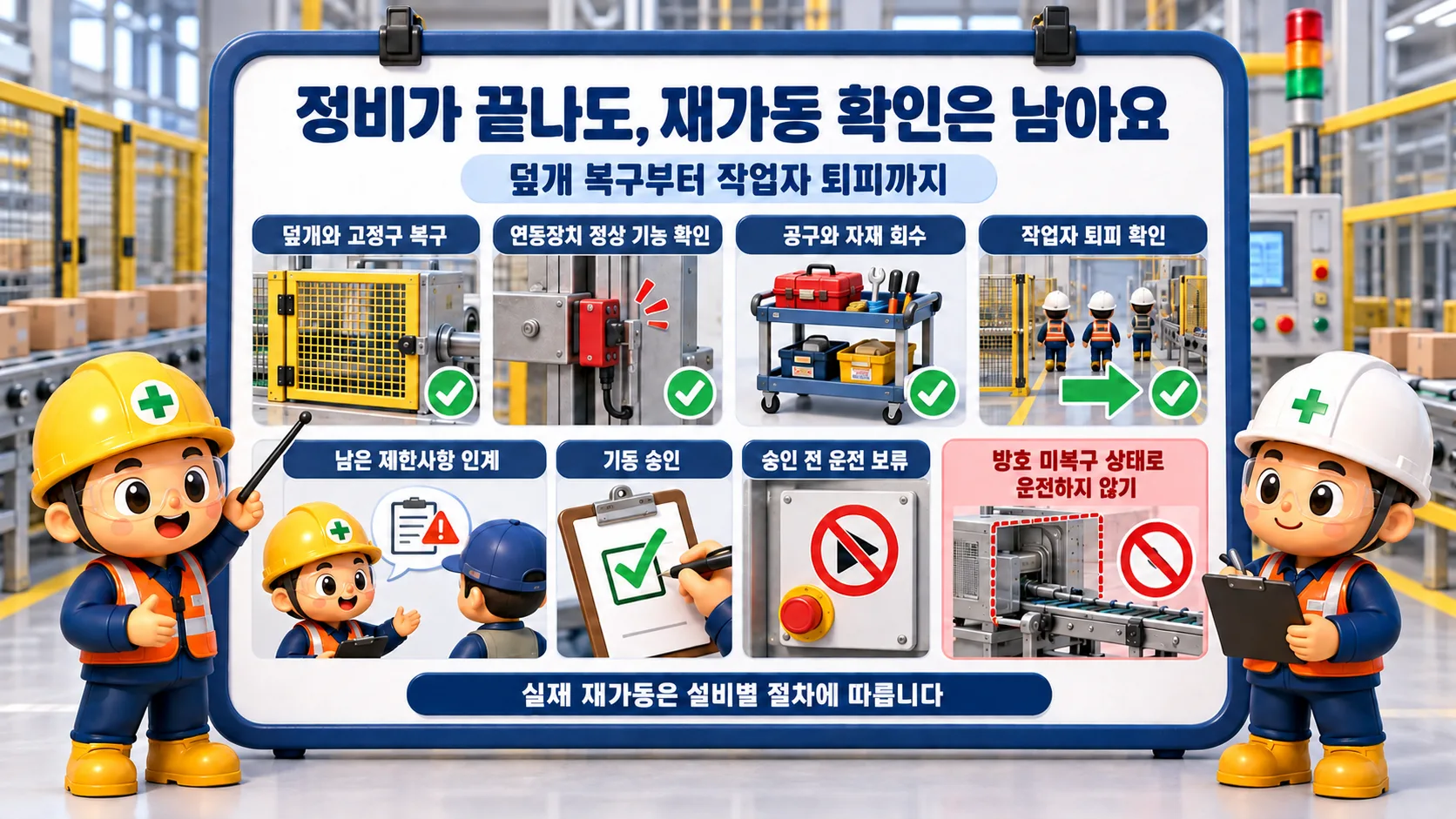 포장기계 정비 후 덮개 복구와 작업자 퇴피를 확인하고 기동을 승인하는 순서