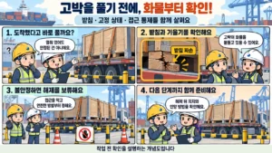 화물 고박 해제 전 받침 상태와 접근 통제를 확인하는 항만 안전 교육 모형