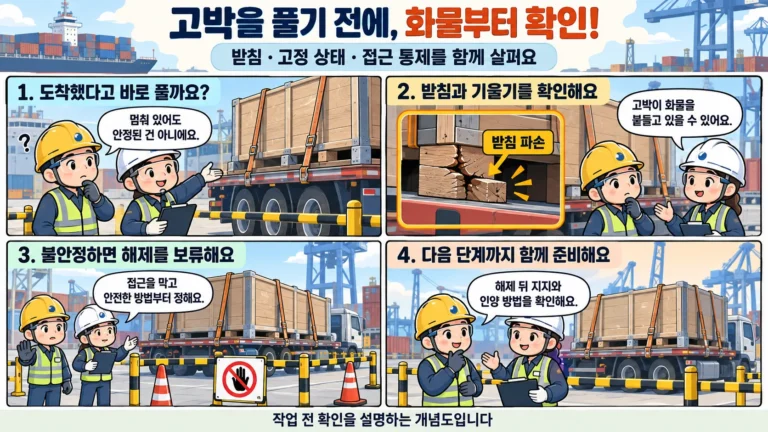 화물 고박 해제 전 받침 상태와 접근 통제를 확인하는 항만 안전 교육 모형