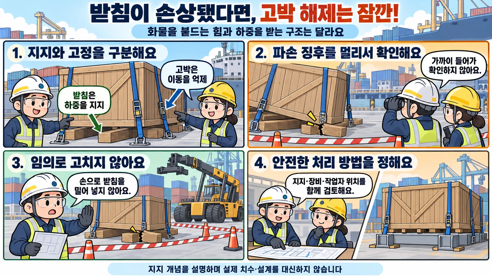 화물 고박 해제 전에 파손 받침과 안정된 지지 상태를 비교하는 교육 보드