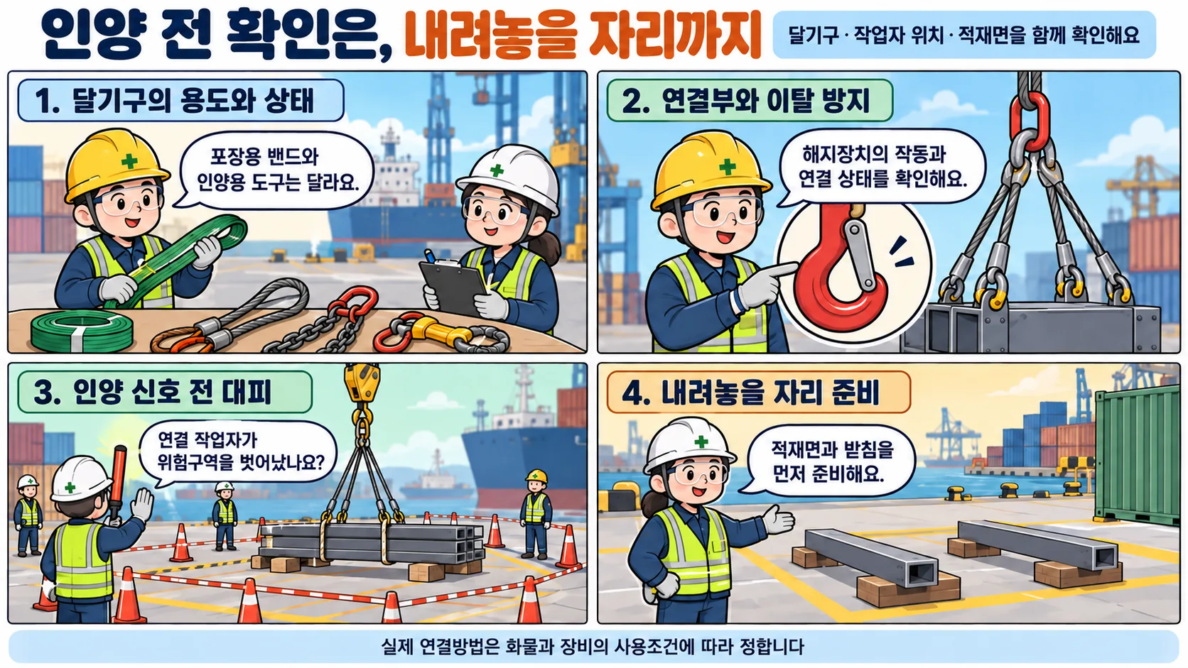 인양 전 달기구의 해지장치와 화물을 내려놓을 받침을 확인하는 점검 장면